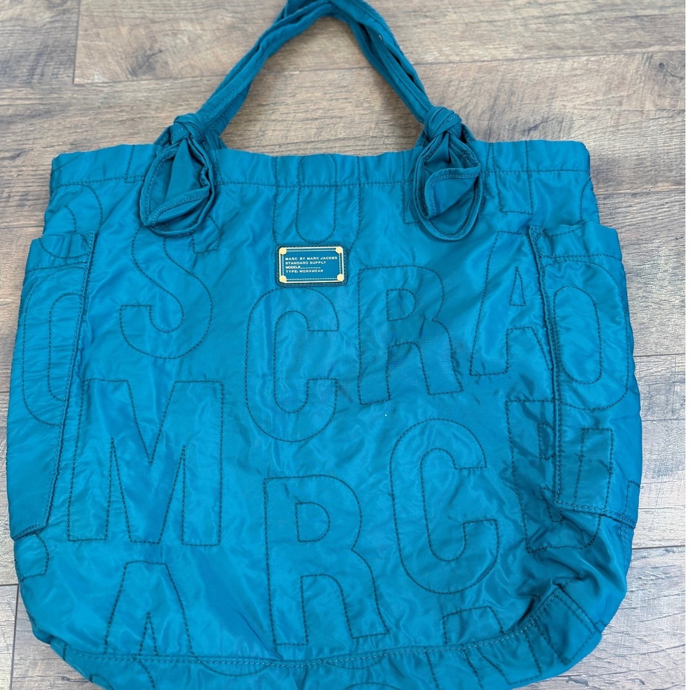 Marc by Marc Jacobs Pretty Nylon Tate Tote Teal Blue Quilted Logo Shoulder Bag